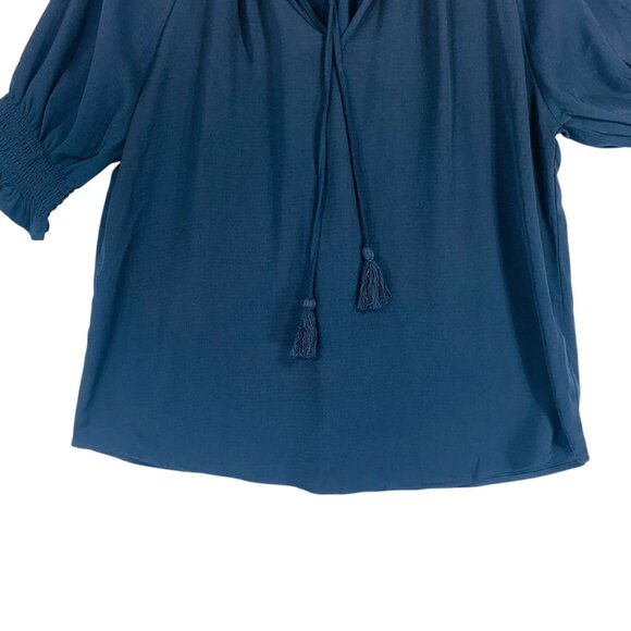 boho puff sleeve 3/4 length ruffled collar string tie blouse dark navy sz xl - Picture 9 of 15